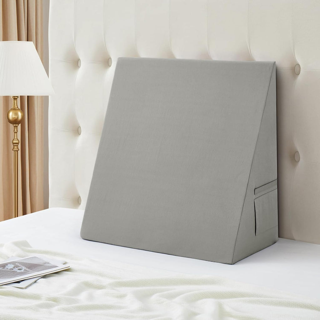 Cotton Wedge Pillow Cover for 24" x 24" x 12" Wedge Bed Pillow, Zippered Wedge Pillow Case Protector with Side Pocket, Light Grey (Pillow…