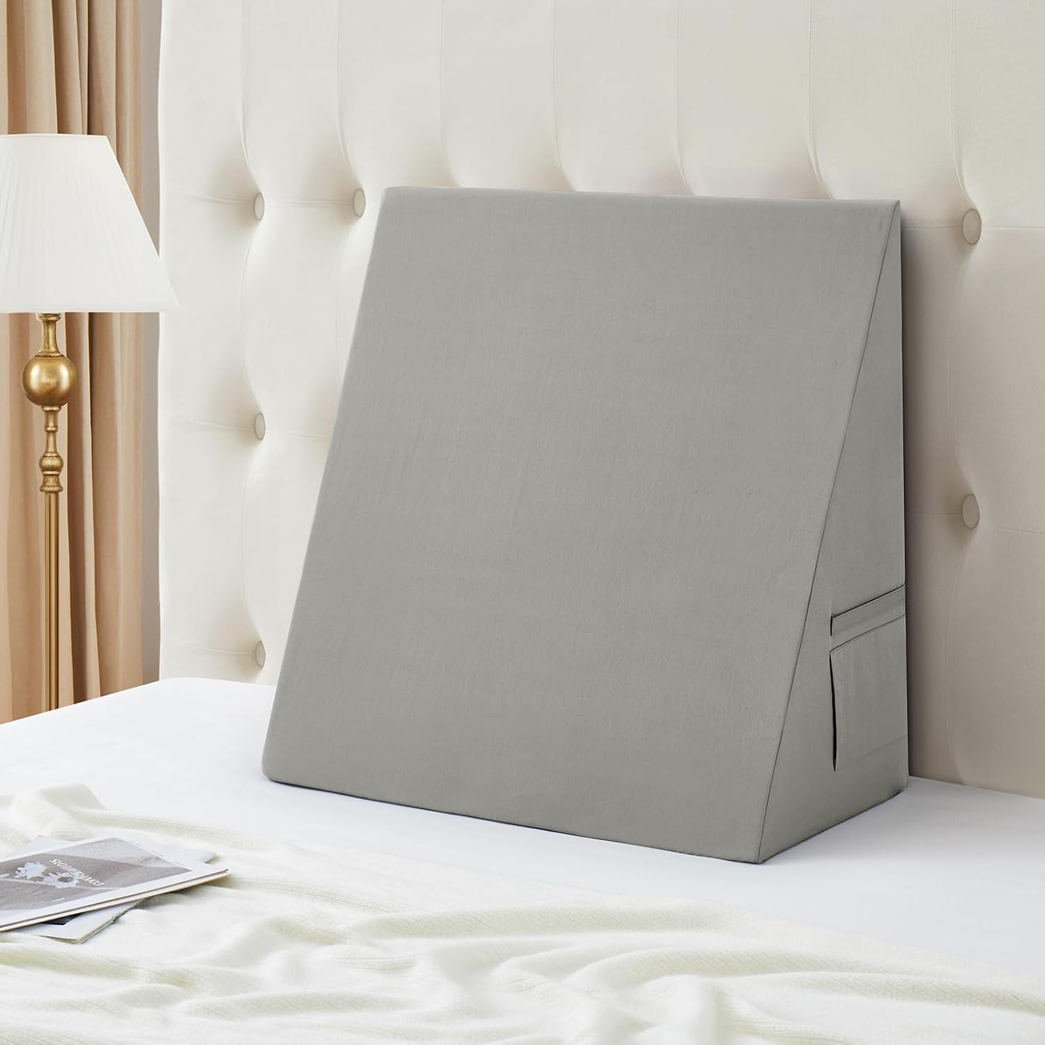 Cotton Wedge Pillow Cover for 24" x 24" x 12" Wedge Bed Pillow, Zippered Wedge Pillow Case Protector with Side Pocket, Light Grey (Pillow…