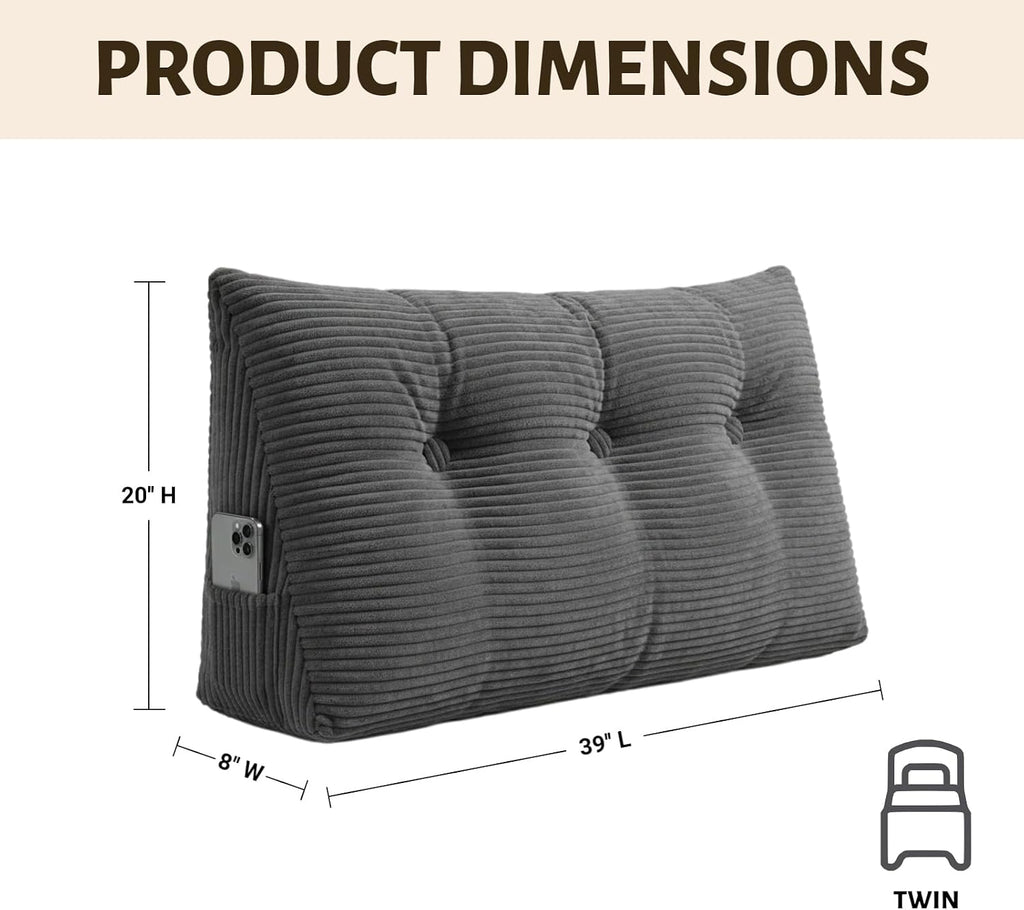 Wedge Reading Pillow Headboard Twin Size, Headboard Bolster Pillow for Bed, Triangular Backrest Cushion with Removable Corduroy Cover…