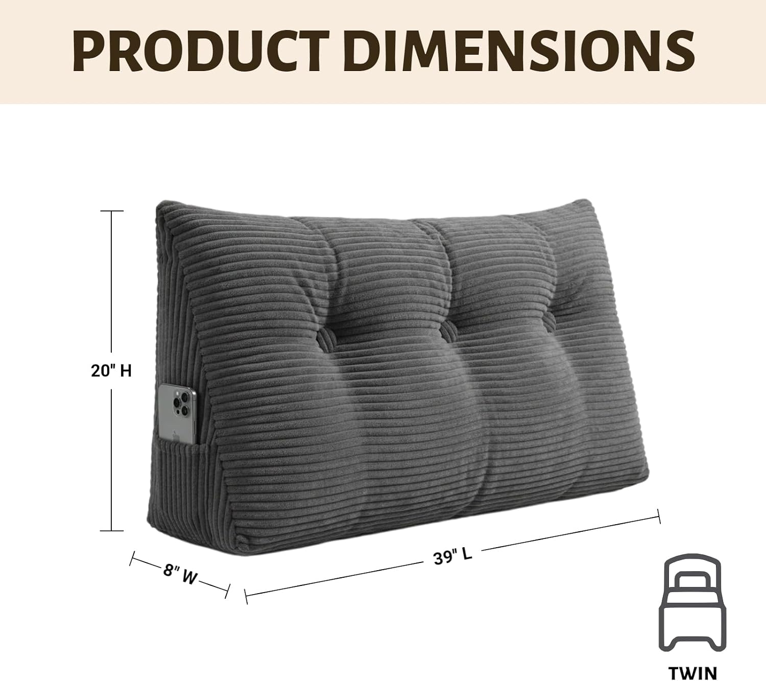 Wedge Reading Pillow Headboard Twin Size, Headboard Bolster Pillow for Bed, Triangular Backrest Cushion with Removable Corduroy Cover…