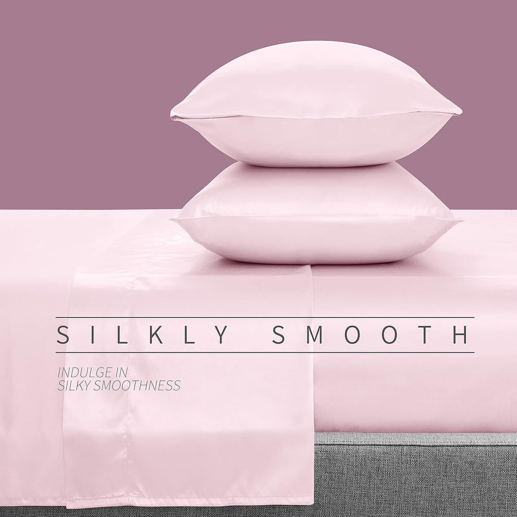 Cobedzy 3 Pcs Blush Pink Satin Sheets Twin XL Size Silky Satin Bedding Sheets Set with 1 Deep Pocket Fitted Sheet, 1 Flat Sheet, 1 Pillowca…