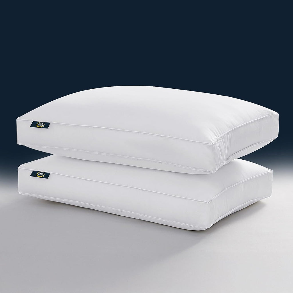 Serta Hotel Collection Pillows Queen Size Set of 2 White Goose Feather Down Fiber Gusseted 100% Cotton Pillow for Back, Stomach or Side Sle…