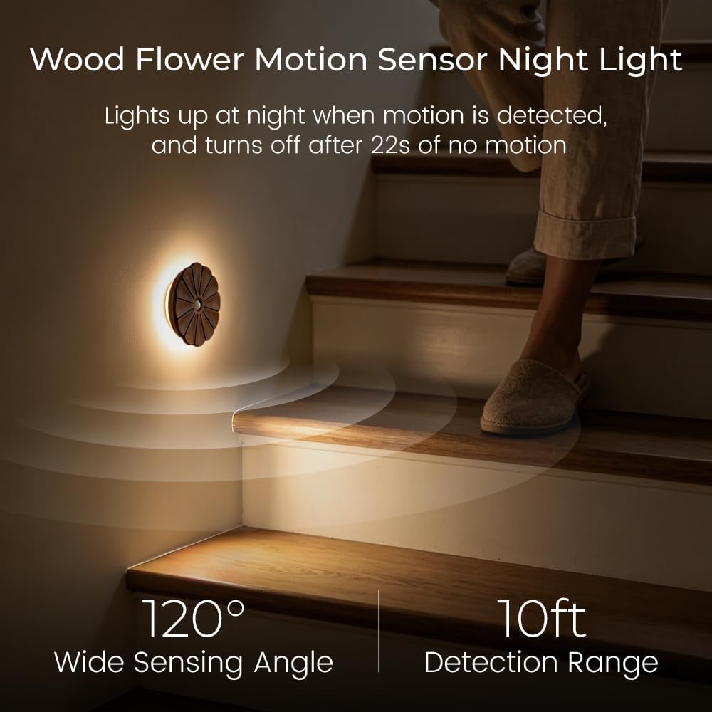 Motion Sensor Night Light Wooden Carved Flower USB Rechargeable Stick-On Step Lights Magnetic Mini Wall Lights for Hallway Bedroom Living…