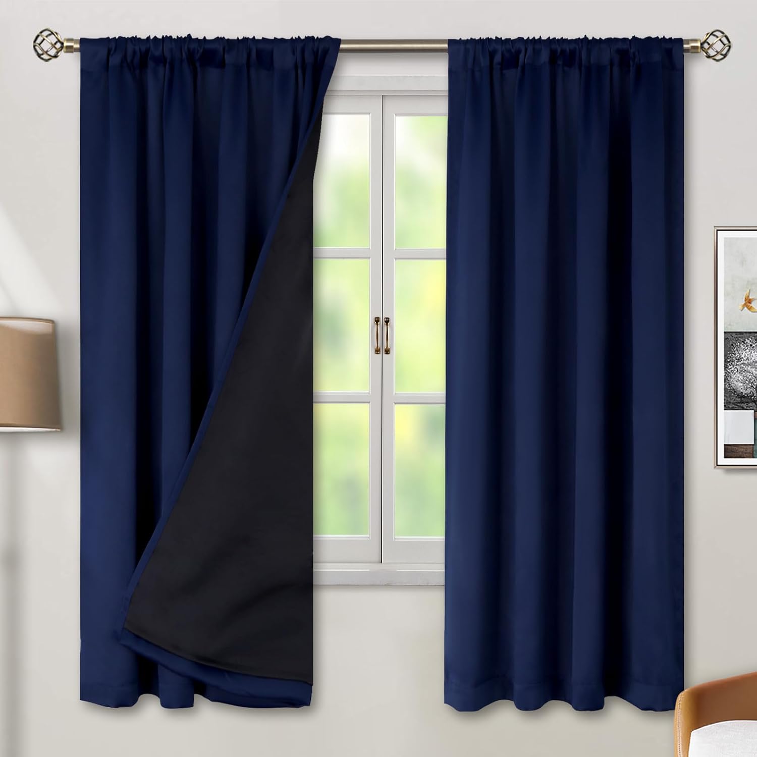 BGment Navy Blue 100% Blackout Curtains 72 Inches Long with Reducing Noise Liner, Rod Pocket and Back Tab Double Layer Full Room…