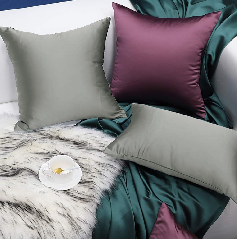 Faylapa 4 Pack Satin Throw Pillow Cases, Smoky Gray Heavy Silk Satin Decorative Pillow Covers Solid Dyed Soft Pillow Cover Home Decor,16"…