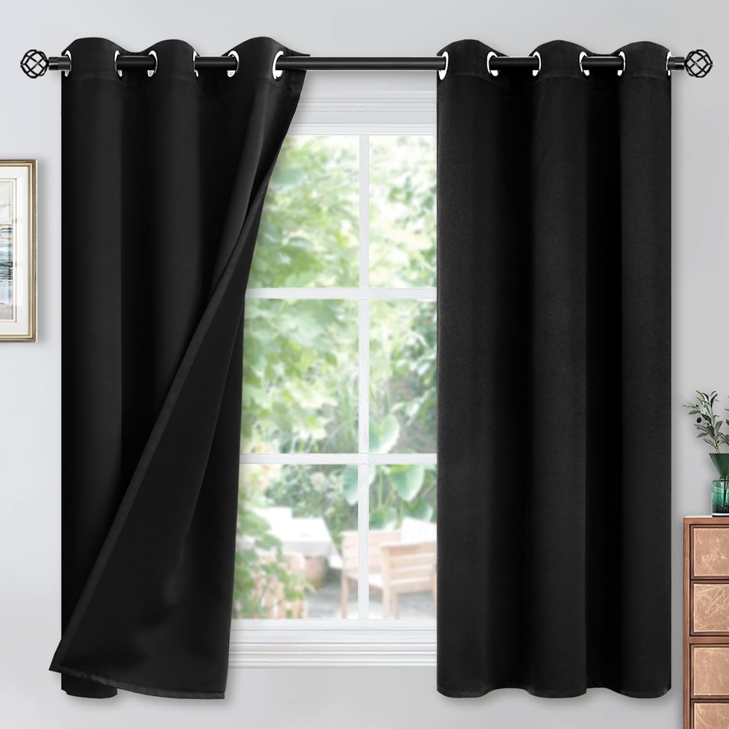 YoungsTex Black 100% Blackout Curtains 45 Inches for Bedroom Thermal Insulated Total Room Darkening Curtains for Living Room Window with Bl…