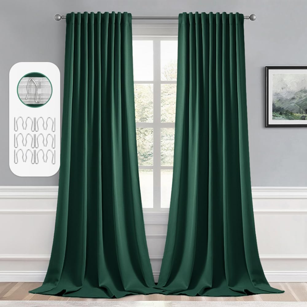 Miulee Christmas Hunter Green Back Tab Blackout Curtain 96 Inch Long 2 Panels Set for Living Room Bedroom, Rod Pocket/Pinch Pleat Thermal I…