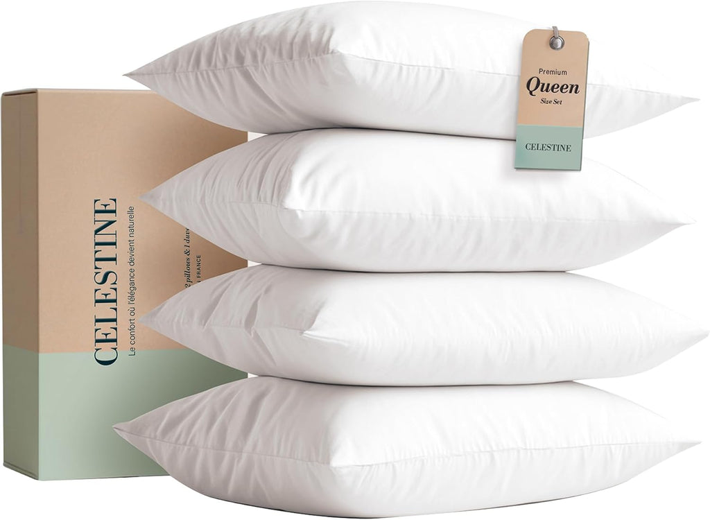 Celestine Queen Size Pillows Set of 4 – Soft Down Alternative Microfiber Filling, Plush White 20x28 Bed Pillows for Side and Back Sleepers,…