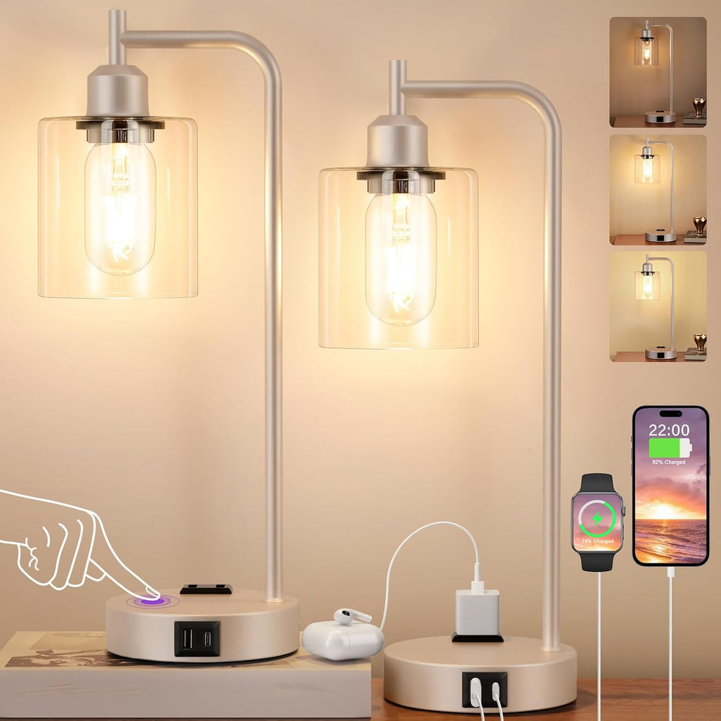 Industrial Touch Table Lamps for Bedrooms Set of 2 - 3-Way Dimmable Lamps with USB C+A Ports and Outlet, Champagne Gold Bedside Lamps…