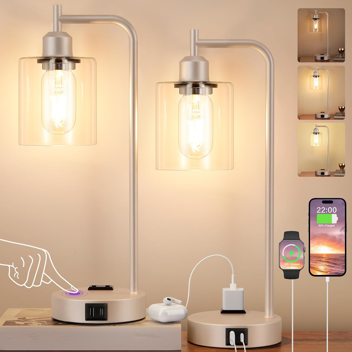 Industrial Touch Table Lamps for Bedrooms Set of 2 - 3-Way Dimmable Lamps with USB C+A Ports and Outlet, Champagne Gold Bedside Lamps…