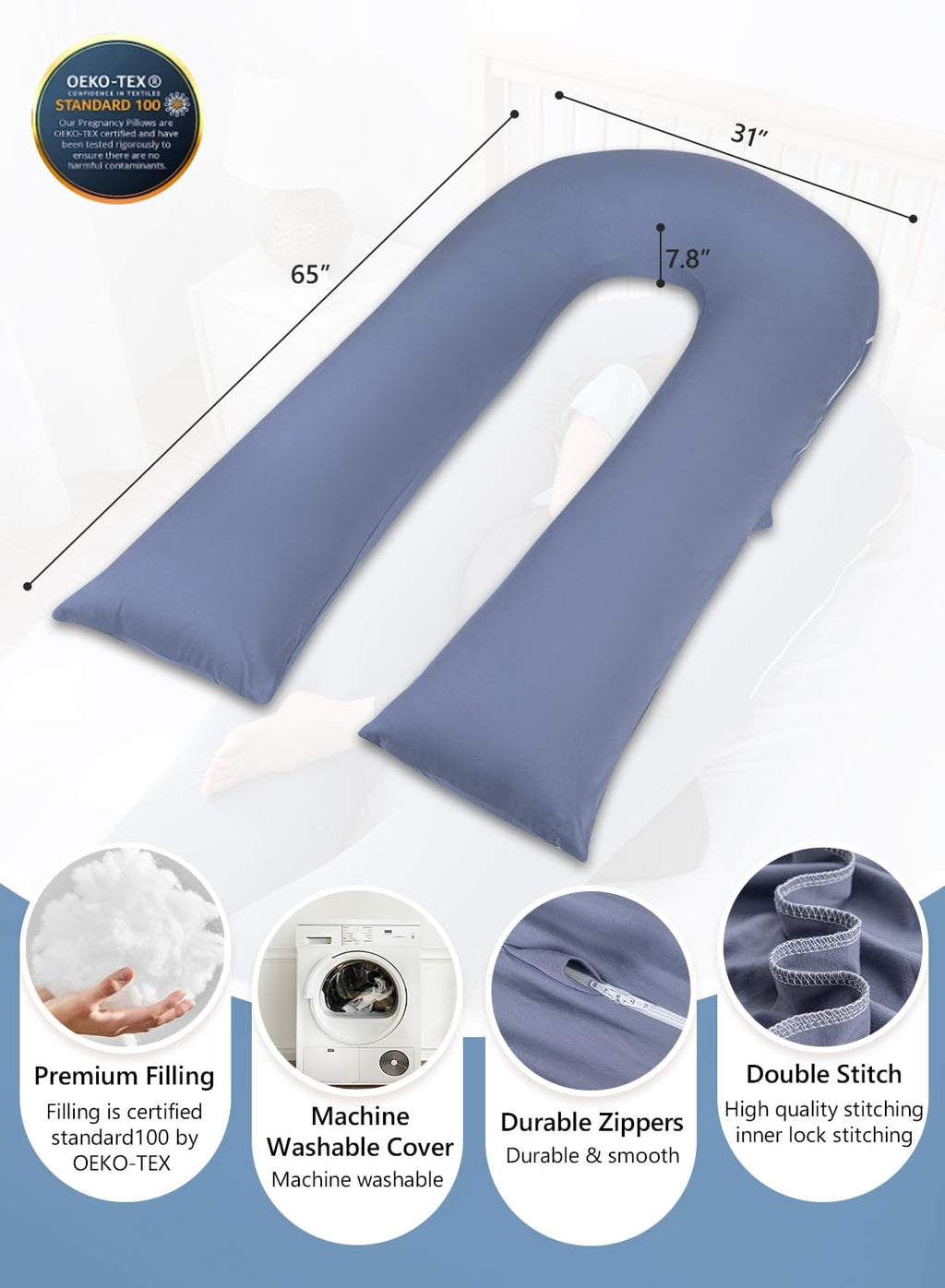 Meiz Pregnancy Pillows, Cooling Silky Pregnancy Pillows for Sleeping, 65" U Shaped Full Body Maternity Pillow for Pregnant Women, with Wash…
