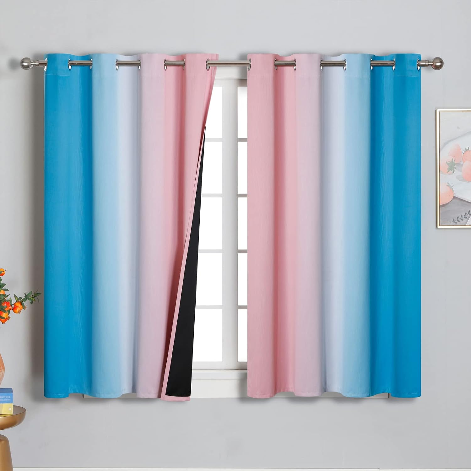 Estelartextiler Ombre Pink and Blue Blackout Curtains 54 Inches Long, Full Light Blocking Curtains for Bedroom, Wavy Line Pattern Grommet T…