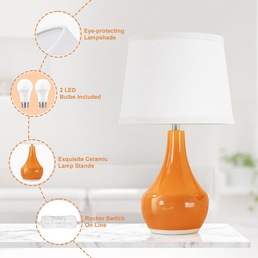 Seealle Modern Ceramic Table Lamps for Night Stands - Bedside Lamps Set of 2 for Nightstand, Orange Bedroom Lamp for Living Room Cute Desk…