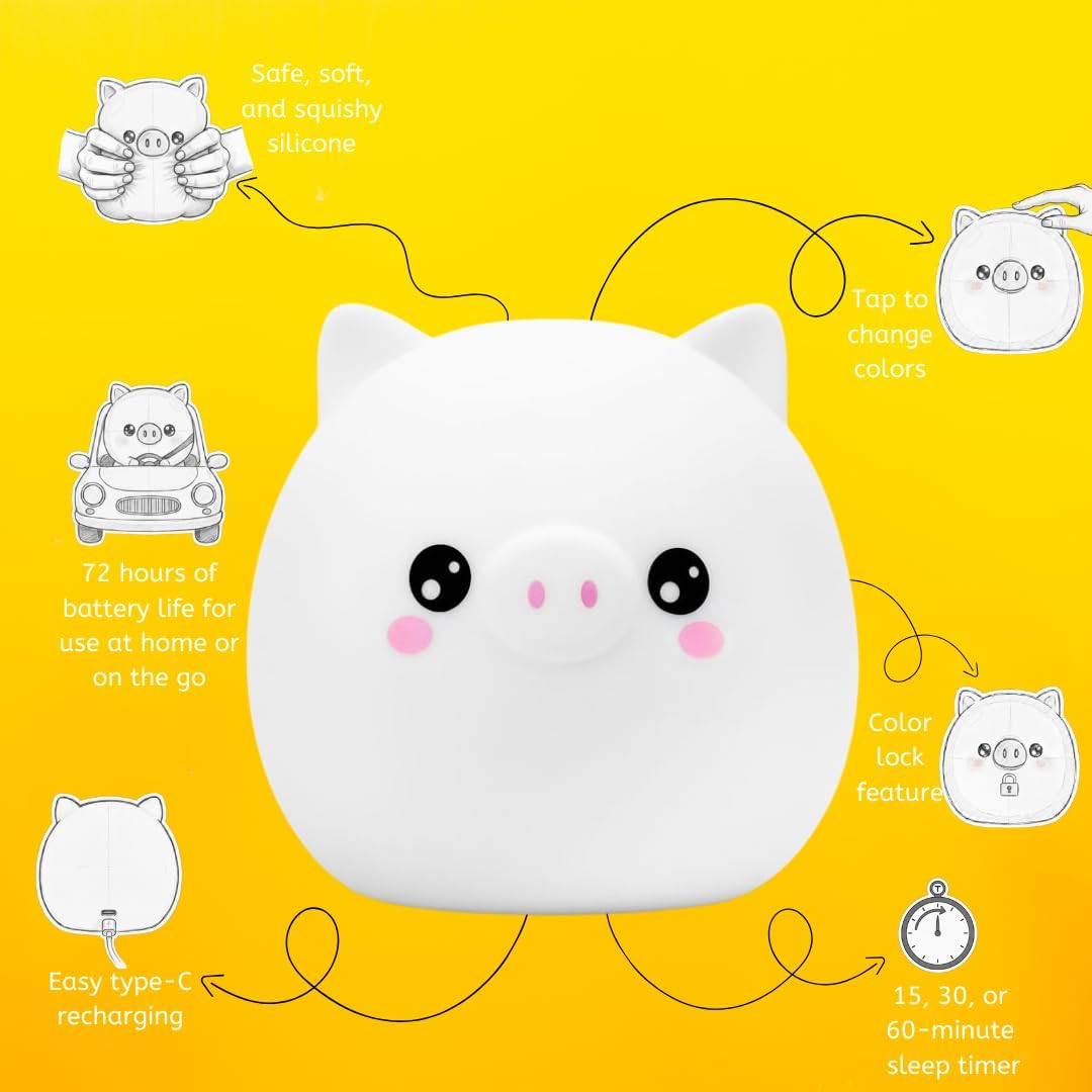 Lumipets Remote Control Silicone Night Light for Kids - Pig Design with 9 Soft Colors & Sleep Timer - Rechargeable, Battery-Operated Lamp…