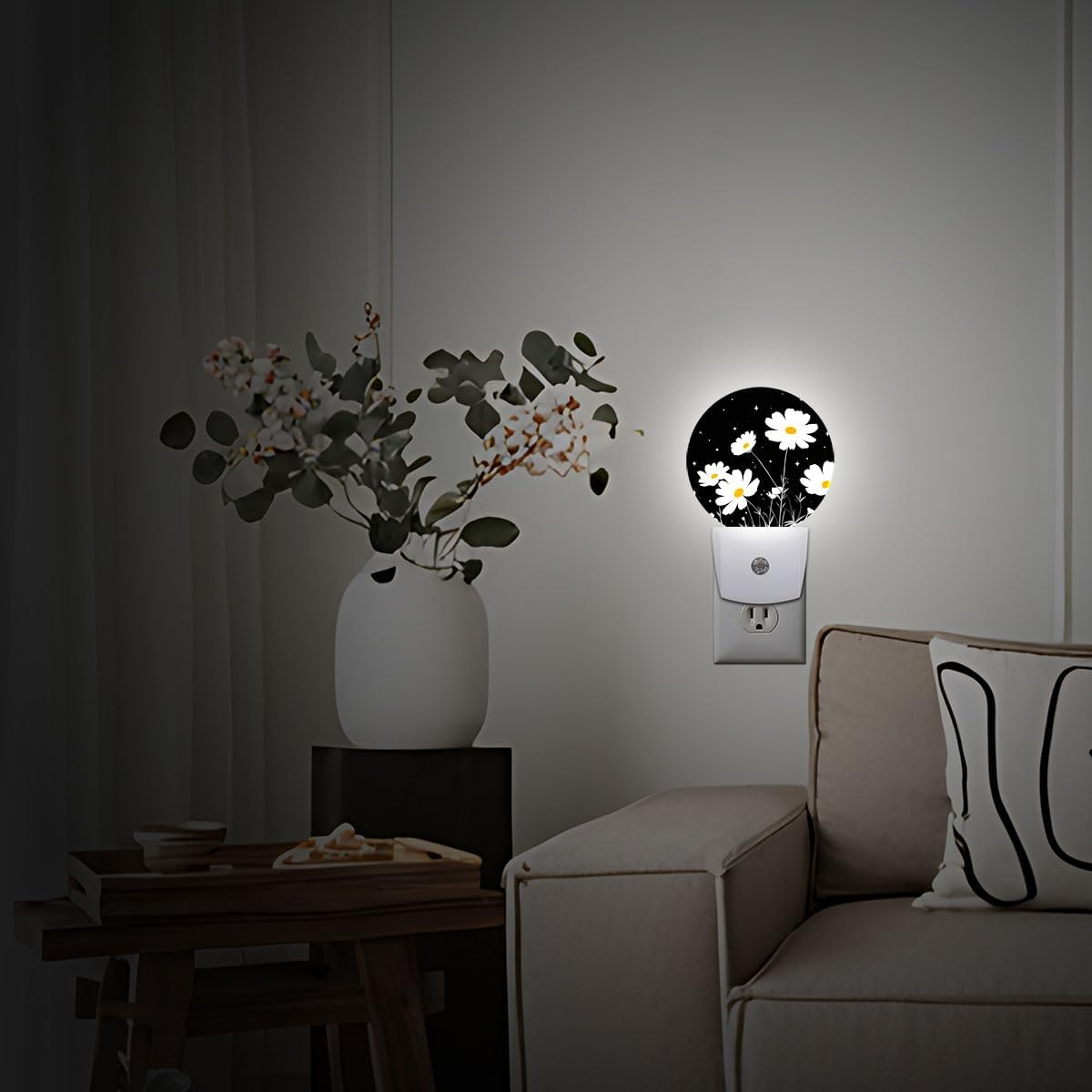 White Daisy Flower Night Light Plug-in Sleep Lamp Led Dusk to Dawn Night Light for Bedroom