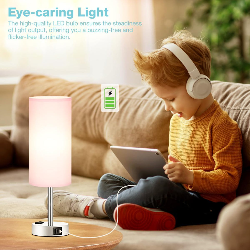 Fenmzee Pink Lamp for Bedroom Nightstand - 3 Way Dimmable Touch Table Lamp USB C Charging Ports, Small Lamp with AC Outlet for Desk Girls…