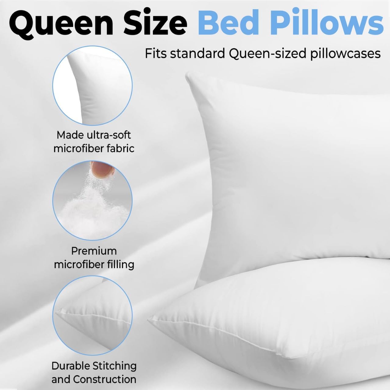 QUBA LINEN Queen Size Bed Pillows - Set of 2, Medium Density, Soft and Supportive for Back, Side, and Stomach Sleepers (Queen (Pack of…