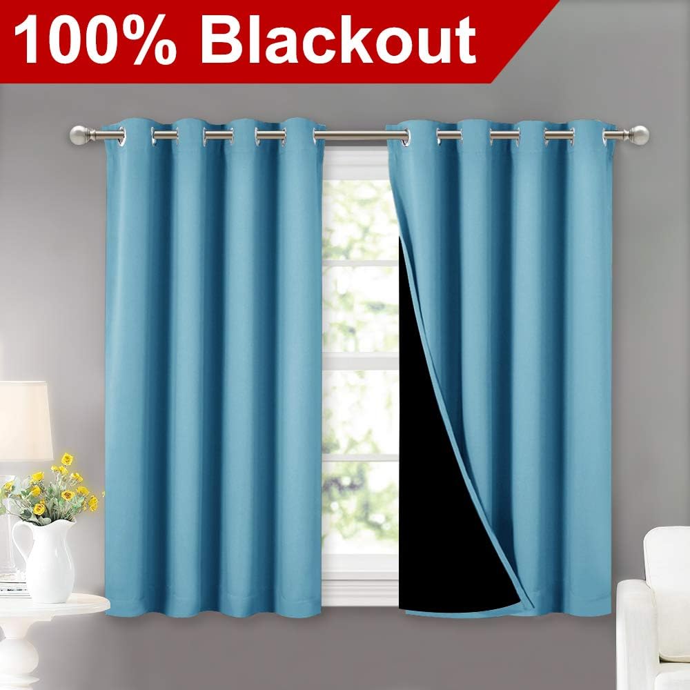 Nicetown 100% Blackout Short Curtains with Black Liners, Thermal Insulated Full Blackout Lined Drapes, Energy Efficiency Window Draperies f…