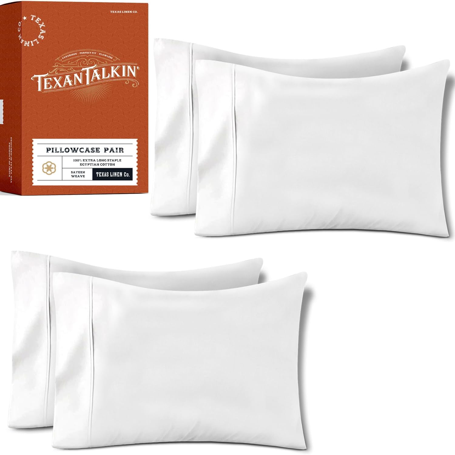 TEXAS LINEN CO. 100% Egyptian Cotton Queen Size Pillow Cases Set of 4 - Luxury Texan Talkin' Collection 600 Series Queen/Standard…