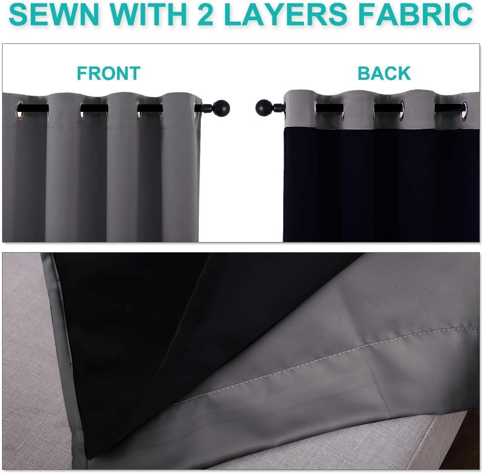 Nicetown 100% Blackout Short Curtains with Black Liners, 2 Panels, 37" W by 50" L, Grey, Solid Thermal Insulated Full Blackout 2-Layer Line…