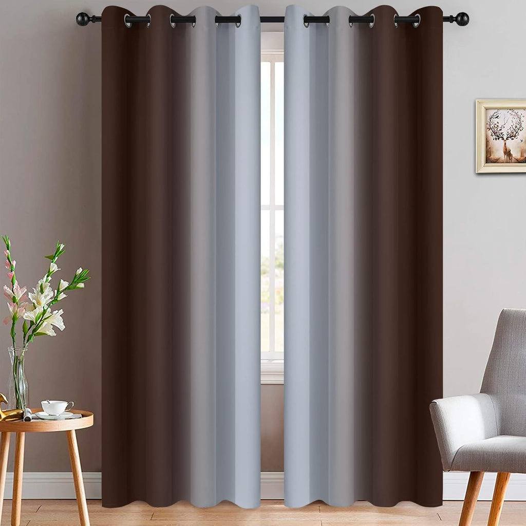 Yakamok 84 Inch Length Thermal Insulated Gradient Color Ombre Curtains with Grommet, Room Darkening Window Drapes for Bedroom (Brown and Gr…