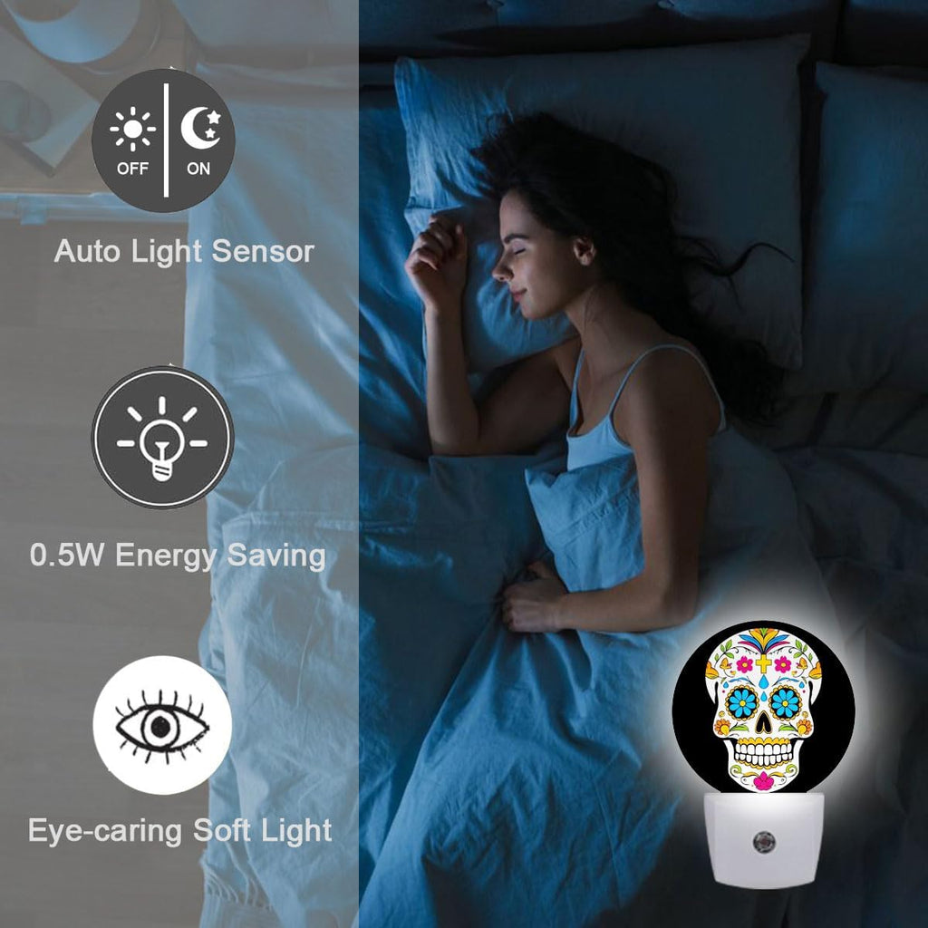 Skull Skeleton Head Halloween Dia De Los Muertos Night Light Plug Into Wall Auto Led Sleep Round Lamp for Living Room Hallway Stairs