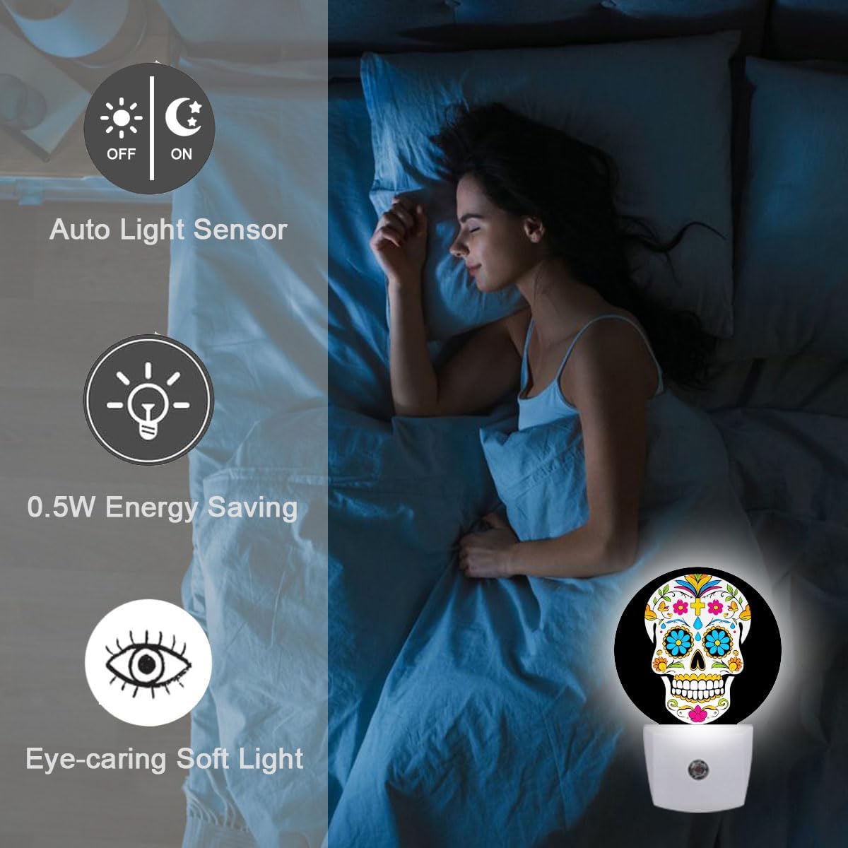 Skull Skeleton Head Halloween Dia De Los Muertos Night Light Plug Into Wall Auto Led Sleep Round Lamp for Living Room Hallway Stairs