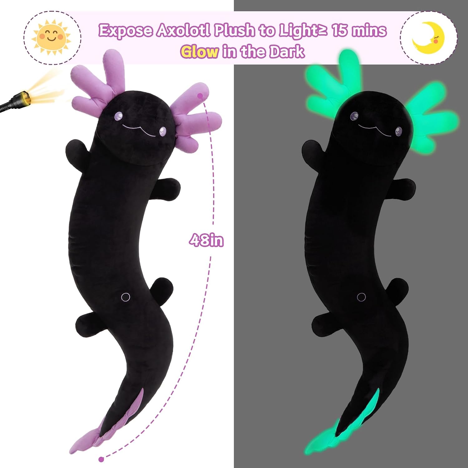 MaoGoLan 48" Giant Axolotl Plush Body Pillow, Large Black Axolotl Stuffed Animal Toy for Kid Girl Boy, Soft Salamander Plush Toy Glow in…