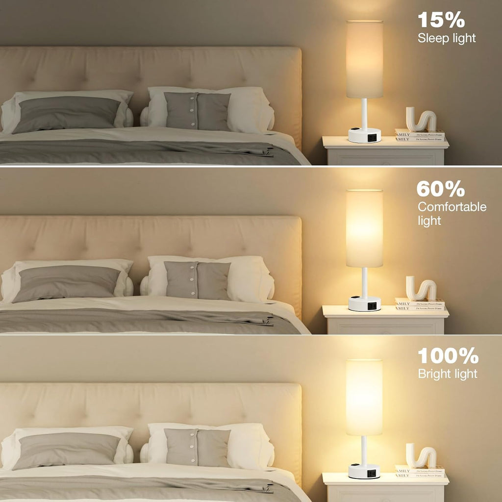 Fenmzee Matte White Bedside Table Lamp for Bedroom - 3 Way Dimmable Touch Lamp USB C Charging Ports and AC Outlet, Small Lamp Round…