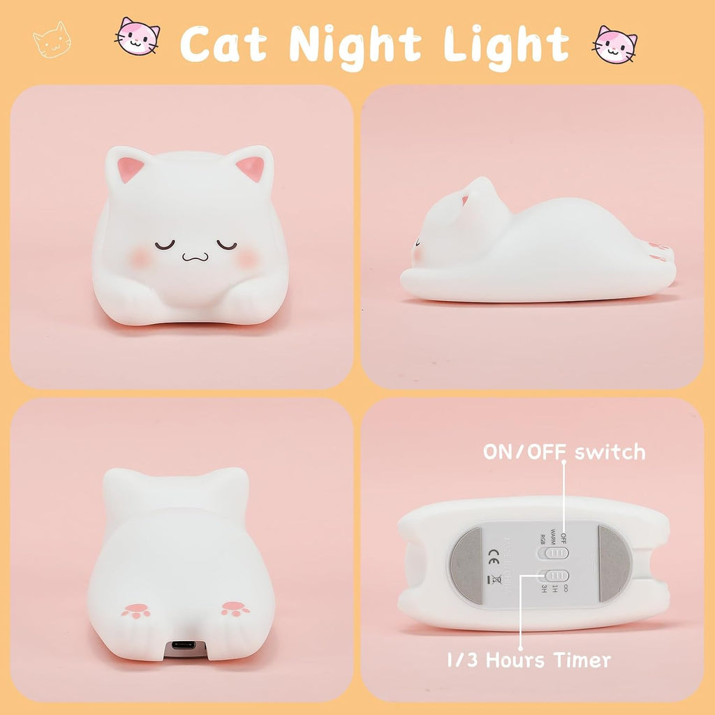 LOVERUIS Cute Night Light for Kids Cat Night-Light Baby Girl Squishy NightLight 1/3 Hour Timer Kitty Light Dimmable Nursery Lamp Colorful…