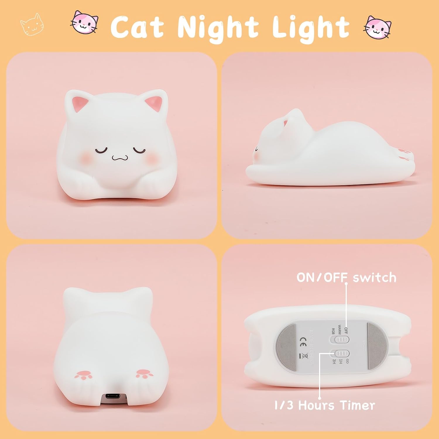 LOVERUIS Cute Night Light for Kids Cat Night-Light Baby Girl Squishy NightLight 1/3 Hour Timer Kitty Light Dimmable Nursery Lamp Colorful…