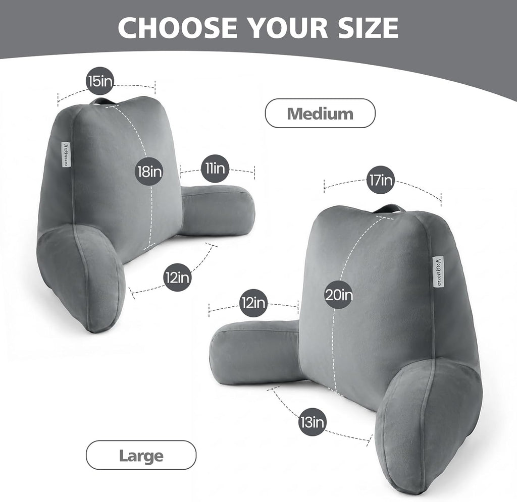 Reading Pillow with Adjustable Memory Foam, Adult Backrest with Arms, Back Pillow for Sitting in Bed with Washable Cover- Large, Gray