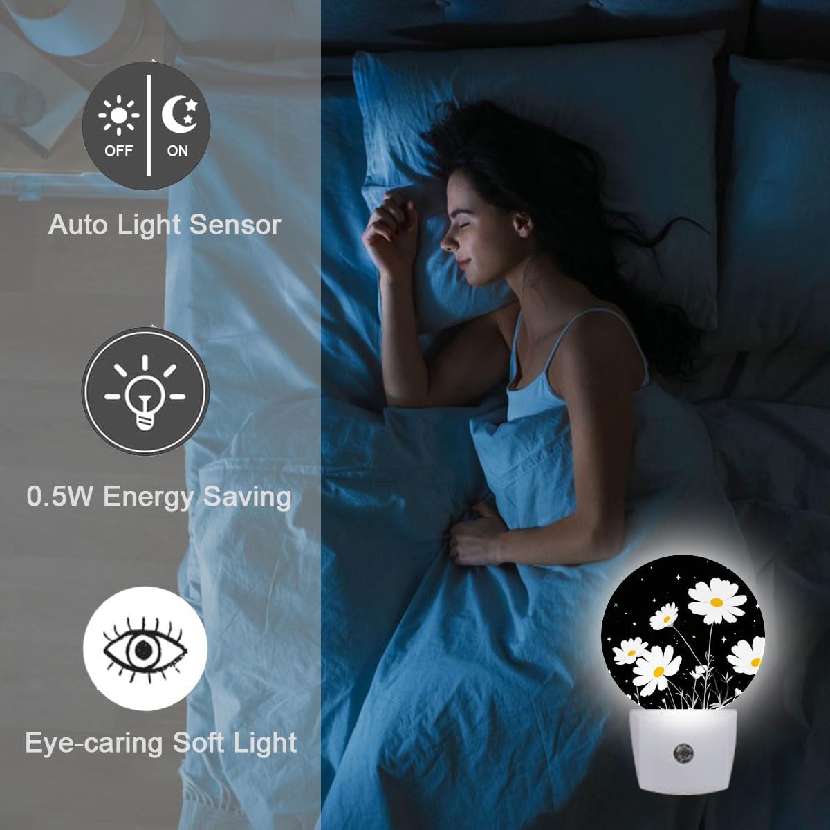 White Daisy Flower Night Light Plug-in Sleep Lamp Led Dusk to Dawn Night Light for Bedroom