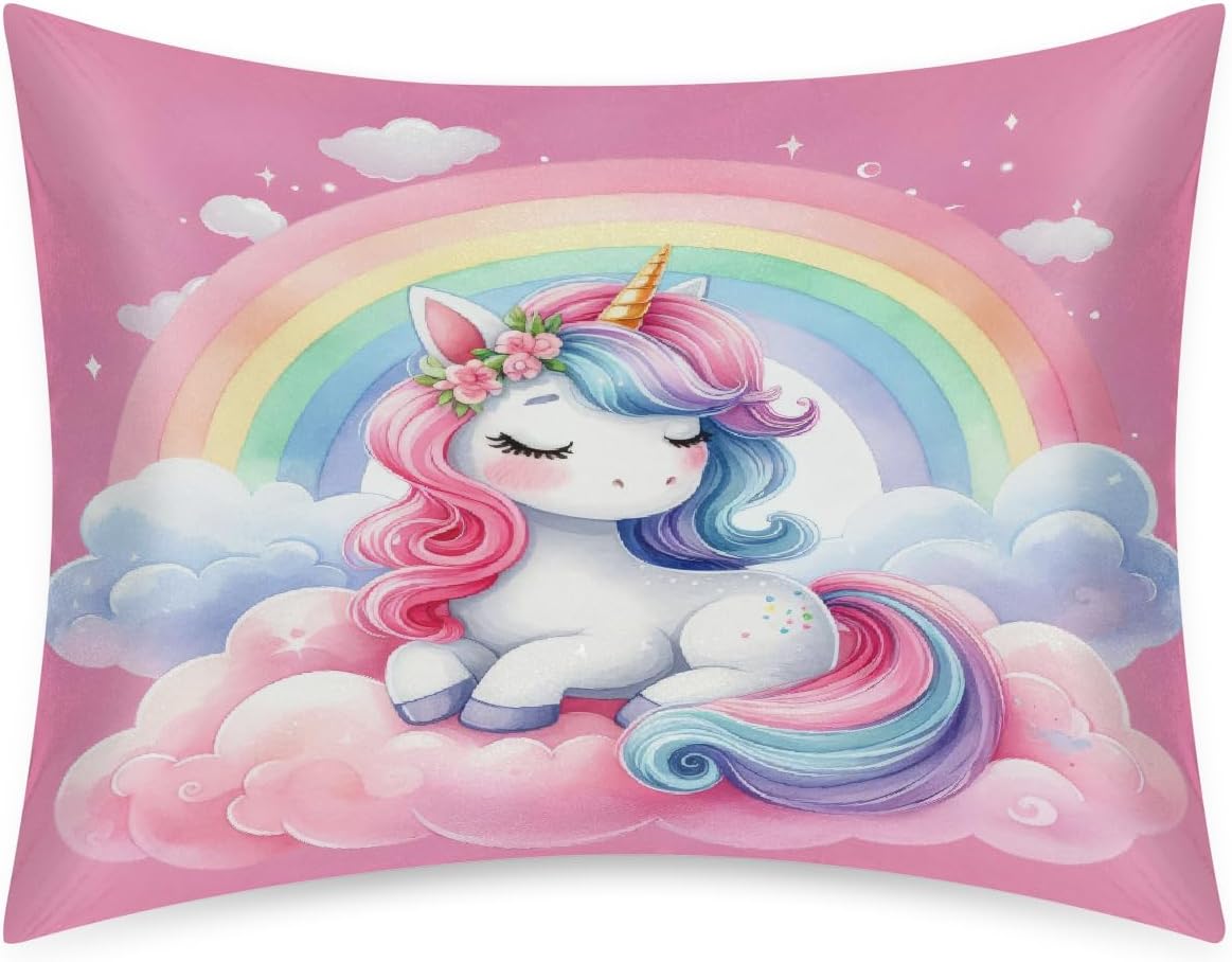 Satin Pillowcase for Hair and Skin Rainbow Pink Aniaml Unicorn Soft Silk Pillow Case with Envelope Closure Cooling Pillow Cases Slip…