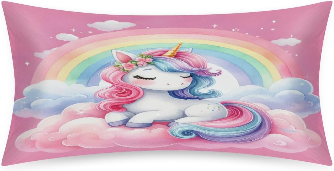 Satin Pillowcase for Hair and Skin Rainbow Pink Aniaml Unicorn Soft Silk Pillow Case with Envelope Closure Cooling Pillow Cases Slip King…