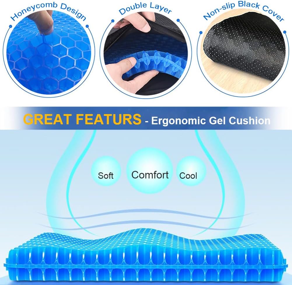 Helishy Gel Seat Cushion, Large Cooling Gel Cushion Breathable Honeycomb Chair Pads Gel Cushion with Non-Slip Cover for Home Office Chair C…