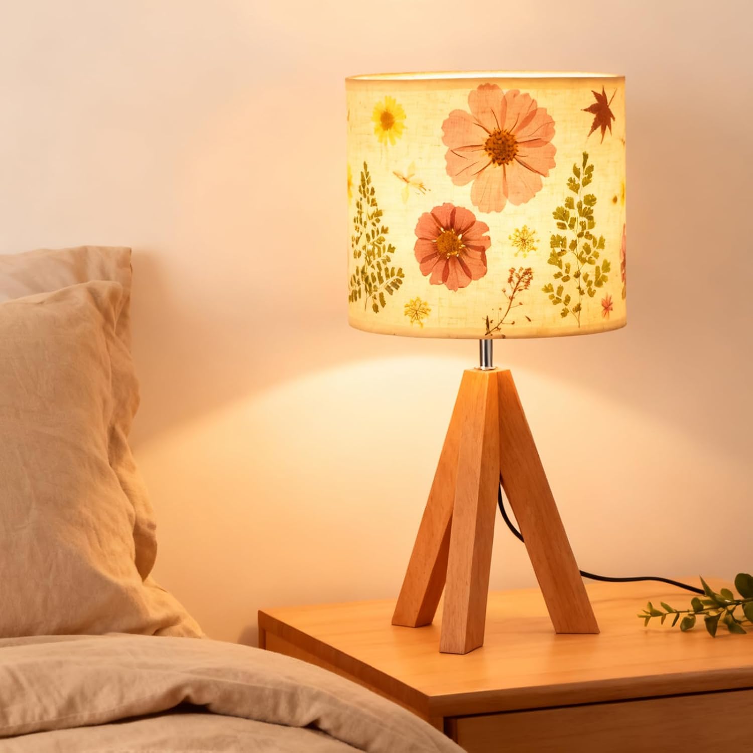Dried Flowers Tripod Table Lamp 14.96in, 9W LED Dimmable Cute Bedside Lamp with Flowers Linen Lampshade for Nursery, Bedroom, Kid Room…