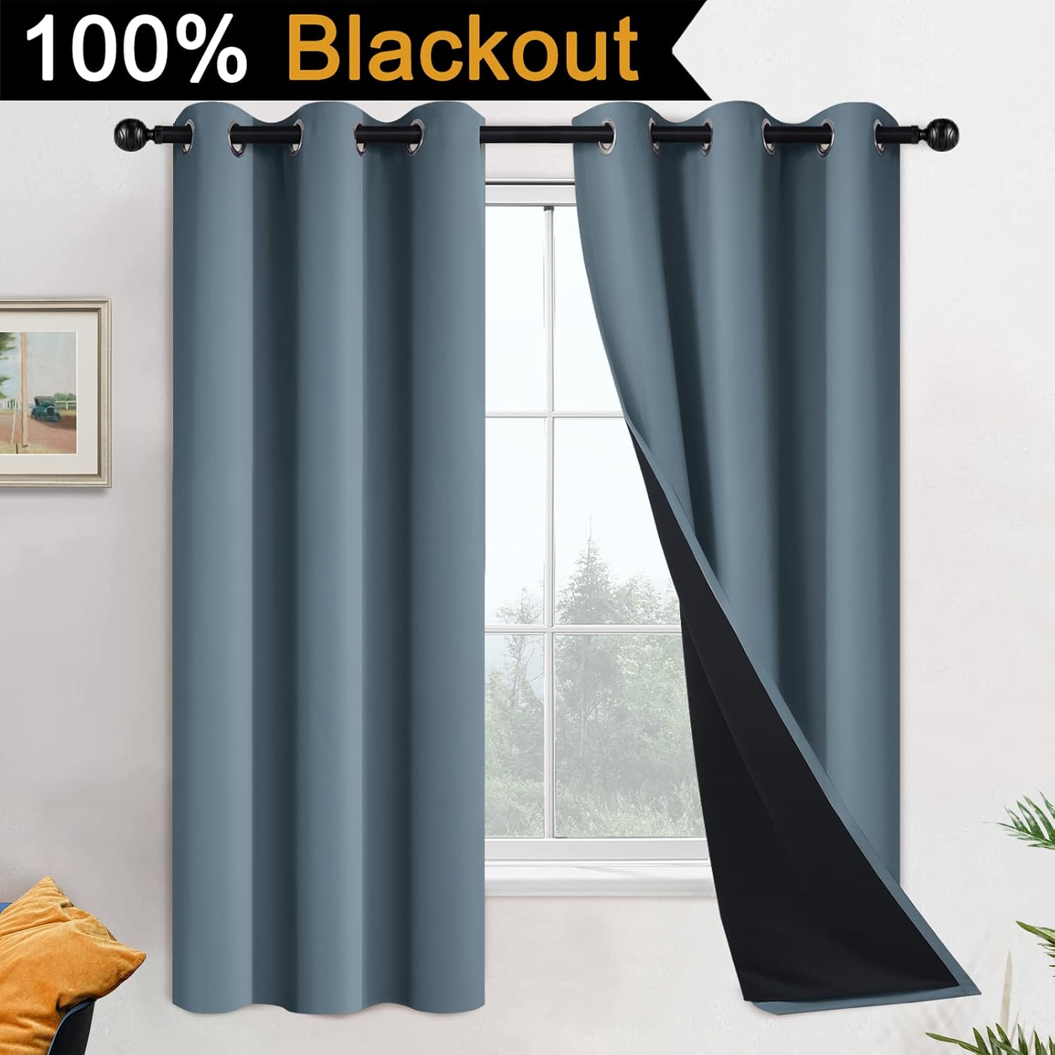 Yakamok 100% Blackout Lined Panels, Thermal Insulated Blackout Curtains for Bedroom, Heat Blocking Drapes for Living Room(42Wx63L, Stone Bl…