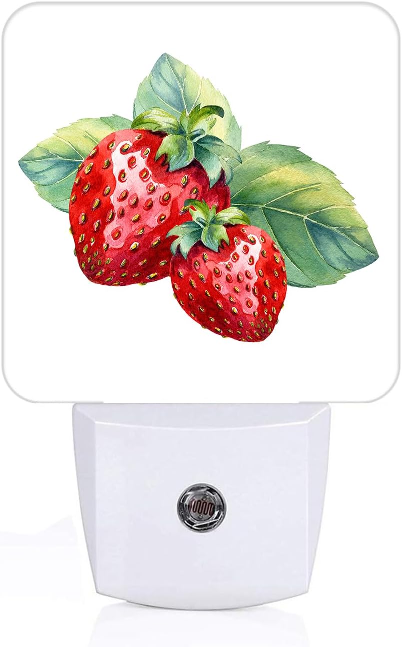 Watercolor Cute Strawberry Night Light, Plug Into Wall with Dusk to Dawn Light Sensors, Warm Nightlights for Bedroom, Bathroom, Hallway…
