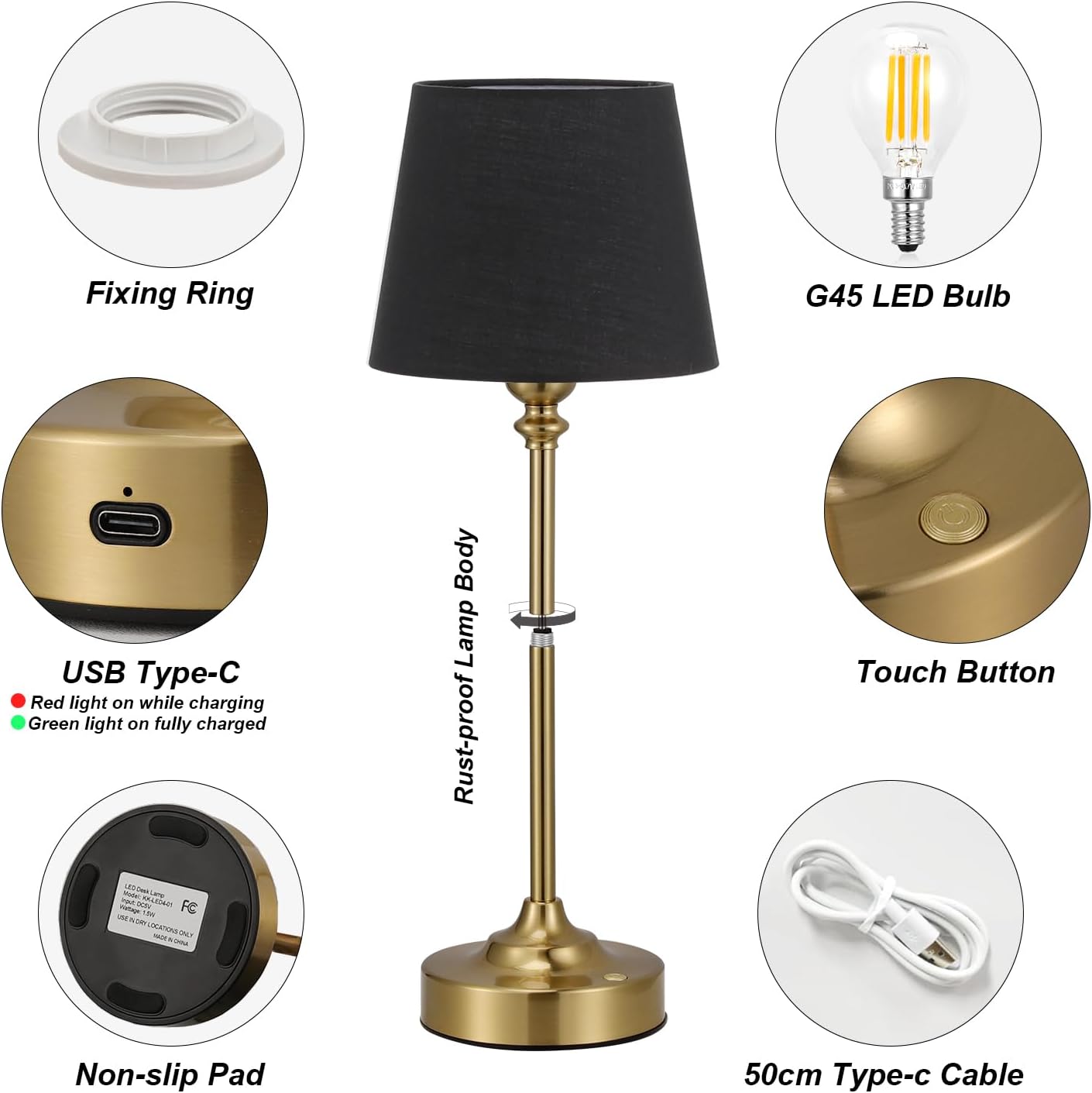 Kakanuo Cordless Table Lamps Rechargeable Set - 2 Pack Brass 4000mAH Battery Operated Lamps for Decor, 3000K Stepless Dimming Touch…