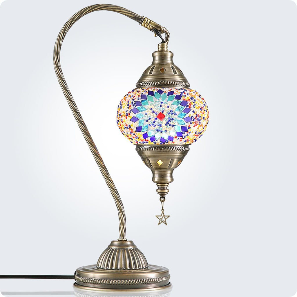 Yarra-Decor Turkish Moroccan Lamp with Bronze Base 3 Color Options Handmade Swan Neck Tiffany Mosaic Glass Bedside Lamps for Bedroom (LED…