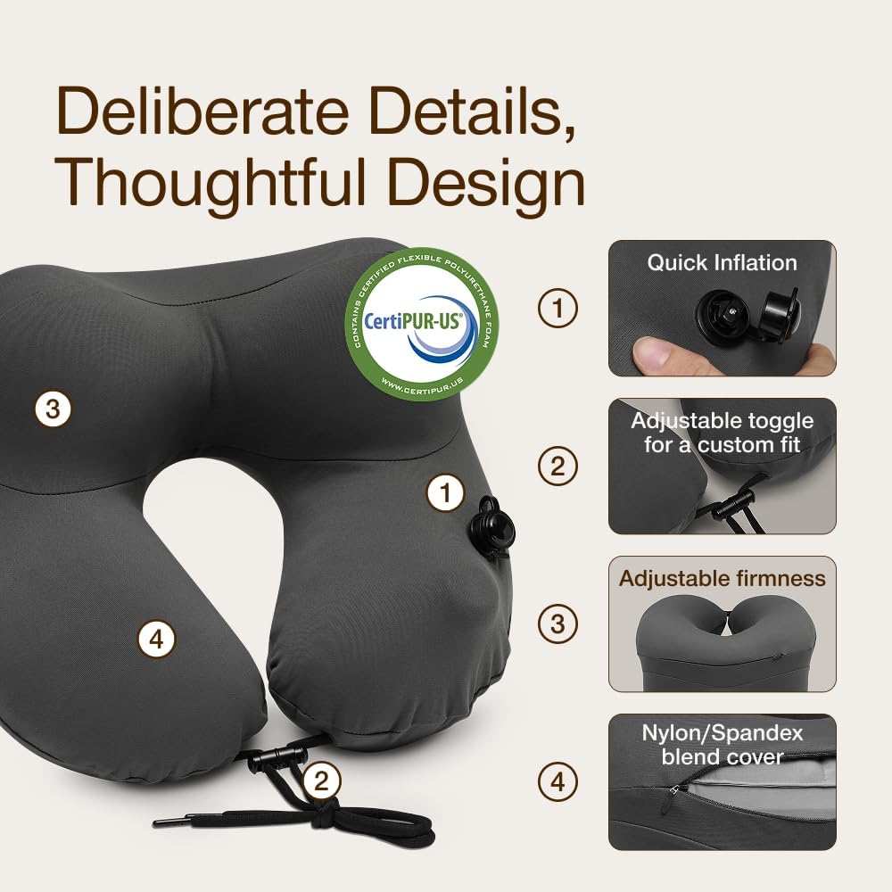 Coop Home Goods AirJustable Travel Neck Pillow, Inflatable, Adjustable Support for Neck & Chin, Compact, Soft Memory Foam Comfort…