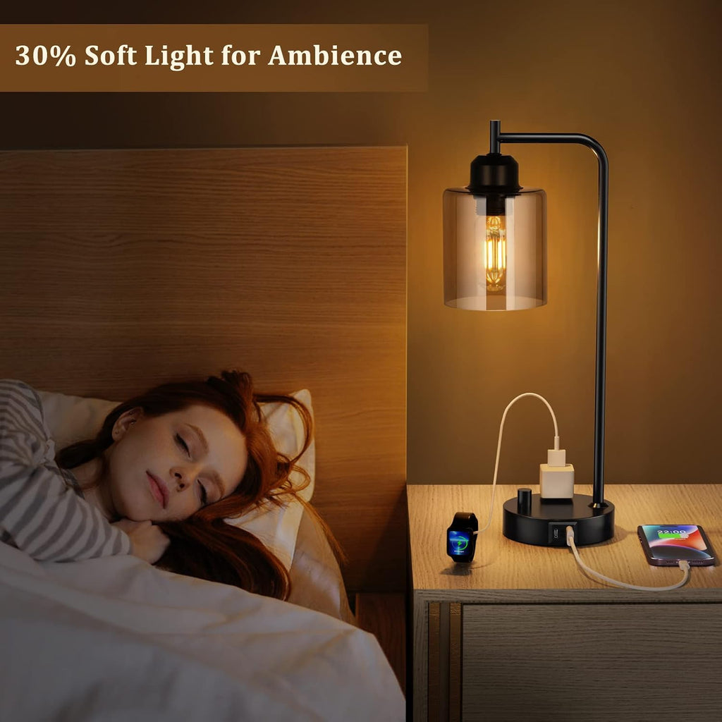 Innqoo Industrial Small Desk Lamp for Nightstand - Amber Clear Glass Shade Table Lamp with USB C Port, Fully Dimmable Black Bedside Lamp…