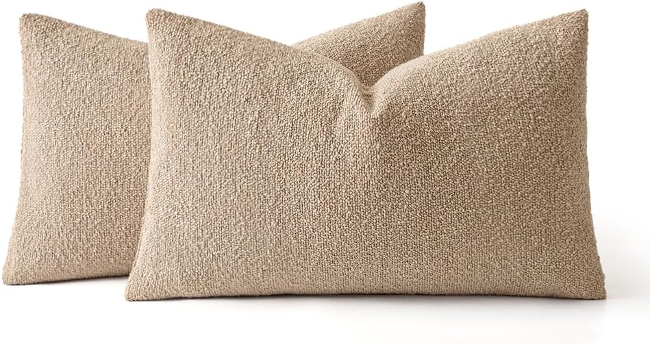 Miulee 12x20 Inch Decorative Lumbar Pillow Covers for Bed Set of 2 Textured Boucle Neutral Throw Pillow Covers Taupe Khaki Camel Accent Sol…