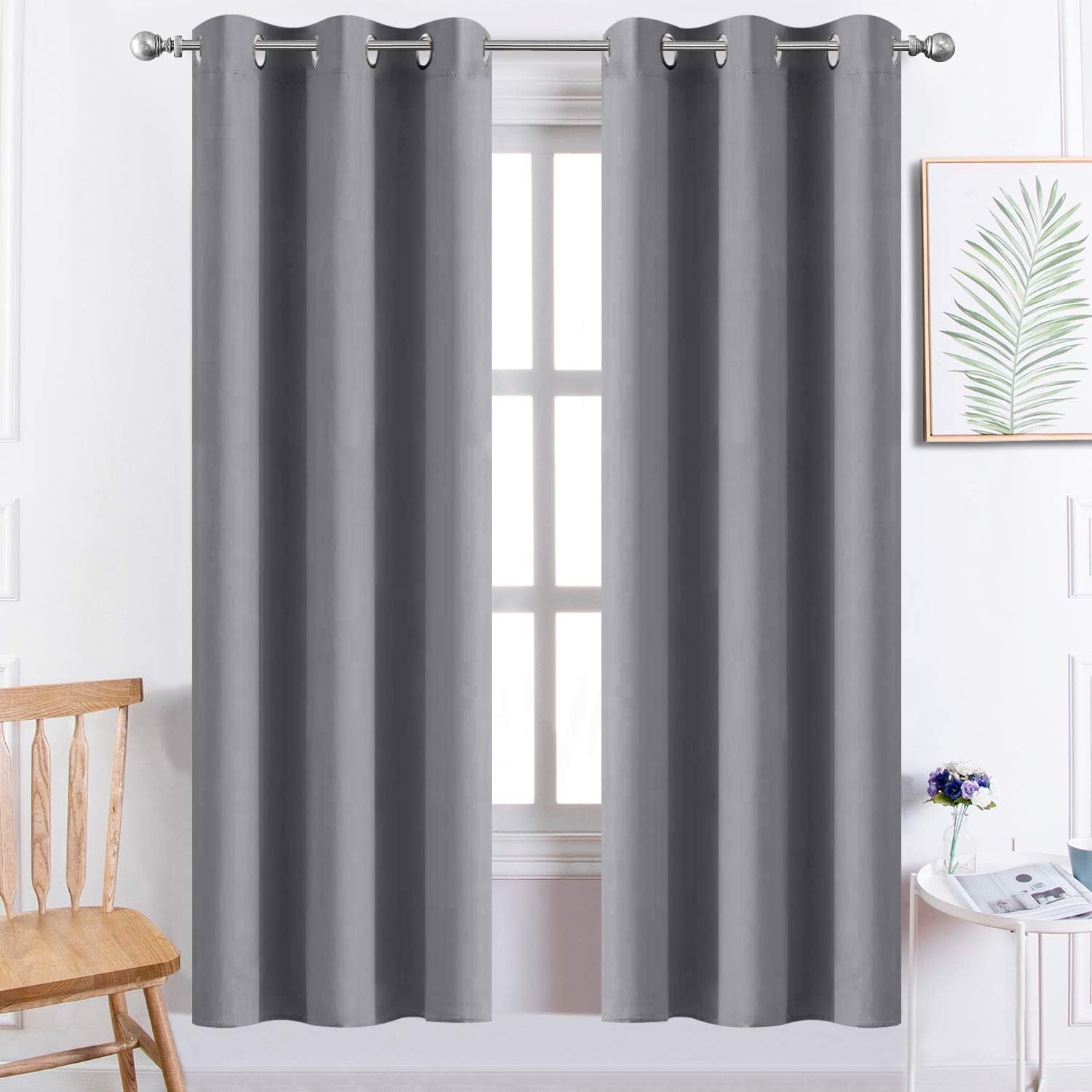 Yakamok Room Darkening Gray Blackout Curtains Thermal Insulated Grommet Curtain Panels for Bedroom, 38W x 72L, Grey, 2 Panels