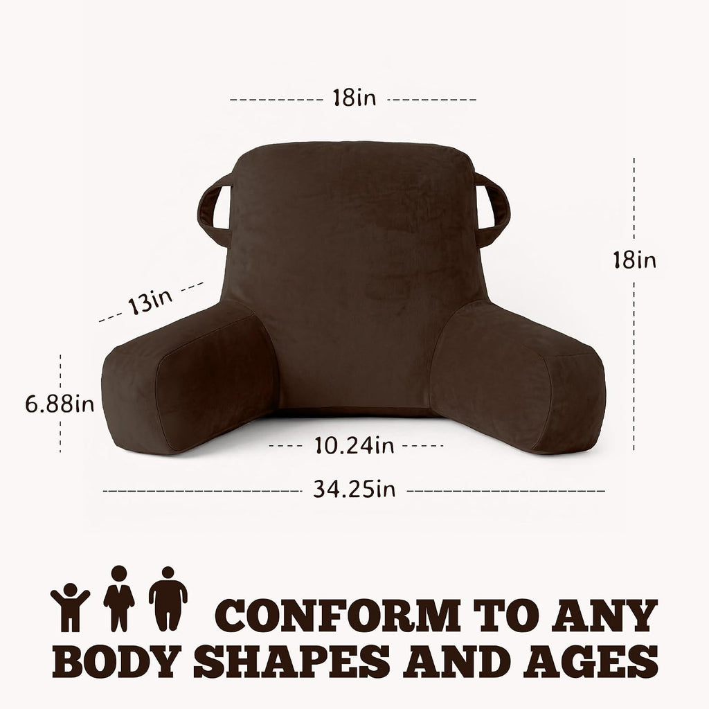Unisakey Portable Comfy Reading Pillows for Bed Sitting Up(Brown Oeko-Tex), Velvet Back Pillow with Arms & Pockets for Adults, Support…