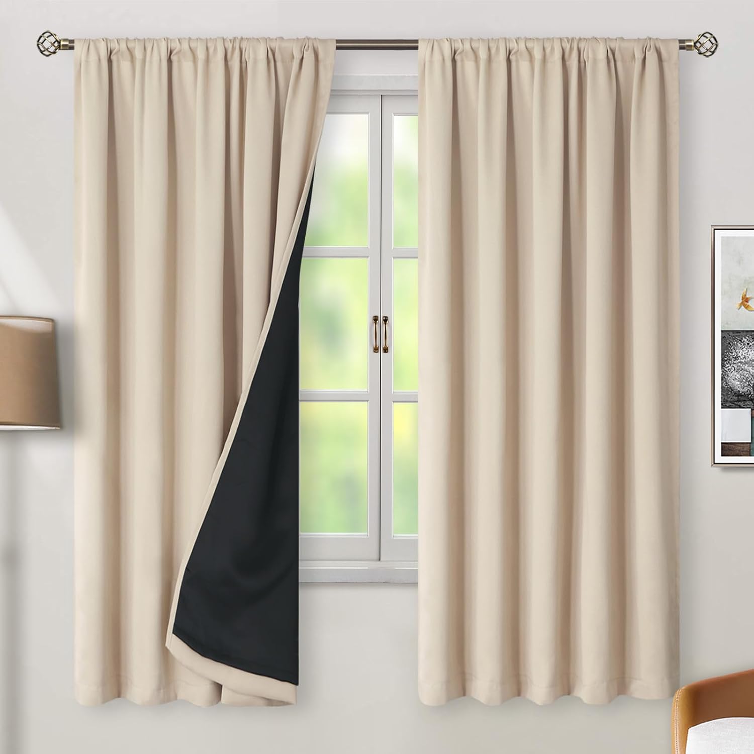 BGment Champagne Blackout Curtains 72 Inches Long with Thermal Insulation Liner,100% Blackout Noise Reducing Room Darkening Rod Pocket…