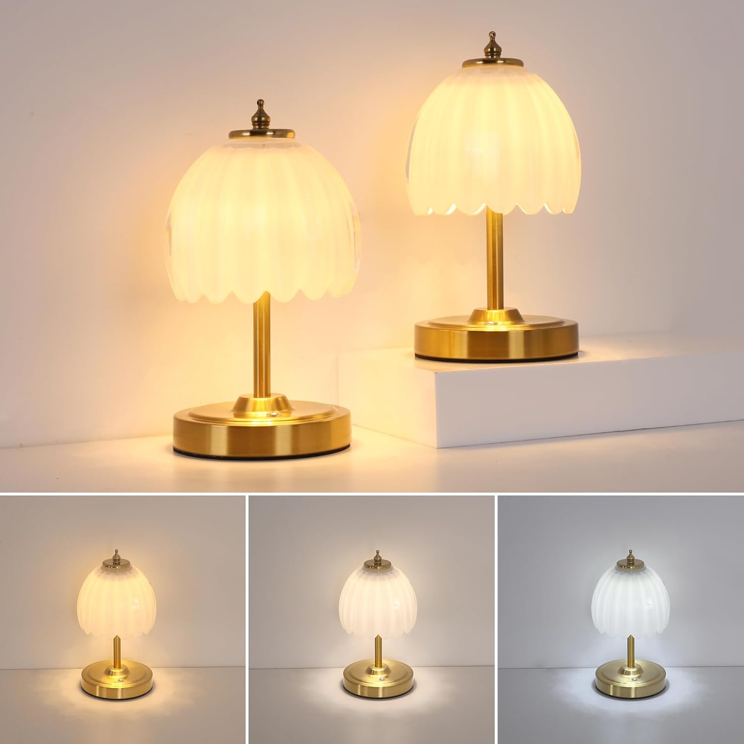 Shenmoyl Set of 2 Tulip Table Lamp with 5200mAh Battery & Touch Control, Cordless Small Table Lamp with 3 Colors, Rechargeable Battery Oper…
