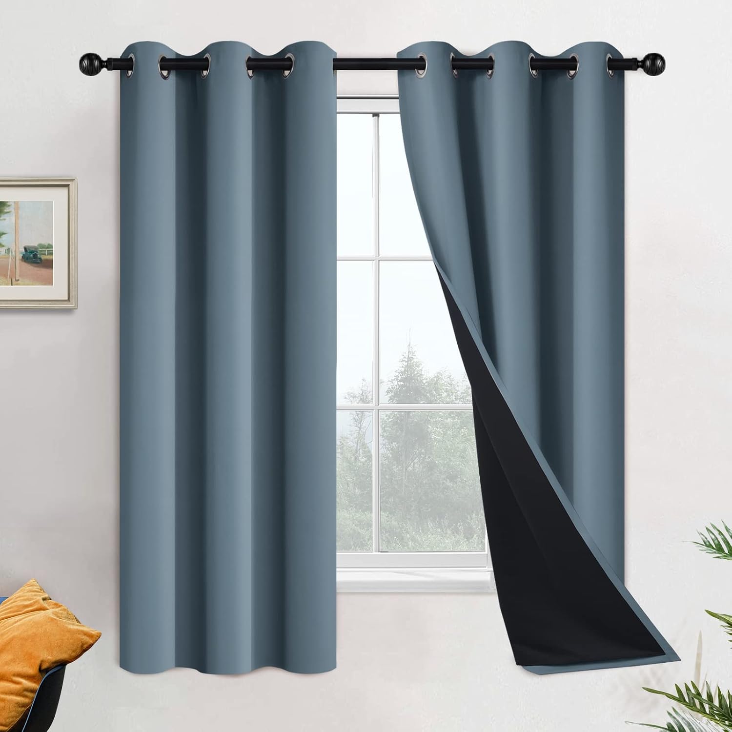 Yakamok 100% Blackout Lined Panels, Thermal Insulated Blackout Curtains for Bedroom, Heat Blocking Drapes for Living Room(42Wx63L, Stone Bl…