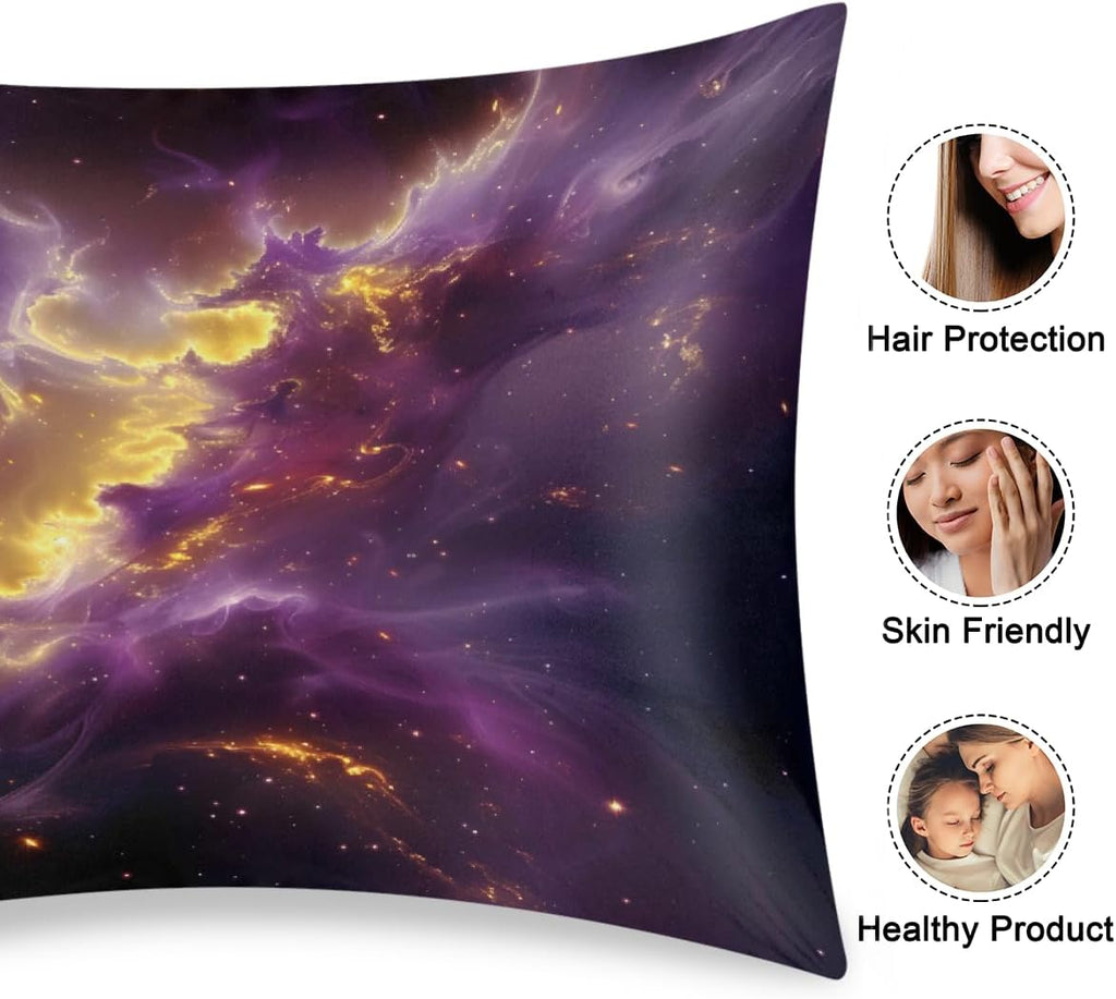 Satin Pillowcase for Hair and Skin Purple Gold Galaxy Abstract Soft Silk Pillow Case with Envelope Closure Cooling Pillow Cases Slip…